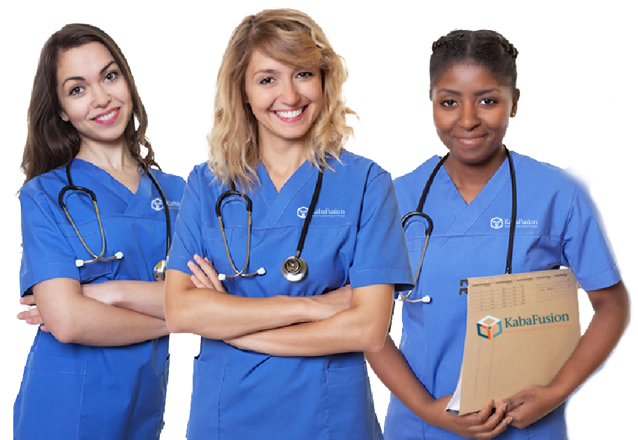 Three infusion nurses wearing blue scrubs. One is holding a brown folder with a KabaFusion logo on it.